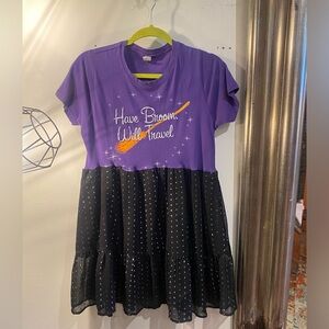 OOAK Upcycled chiffon silver polka dot Purple and Black Graphic mini dress